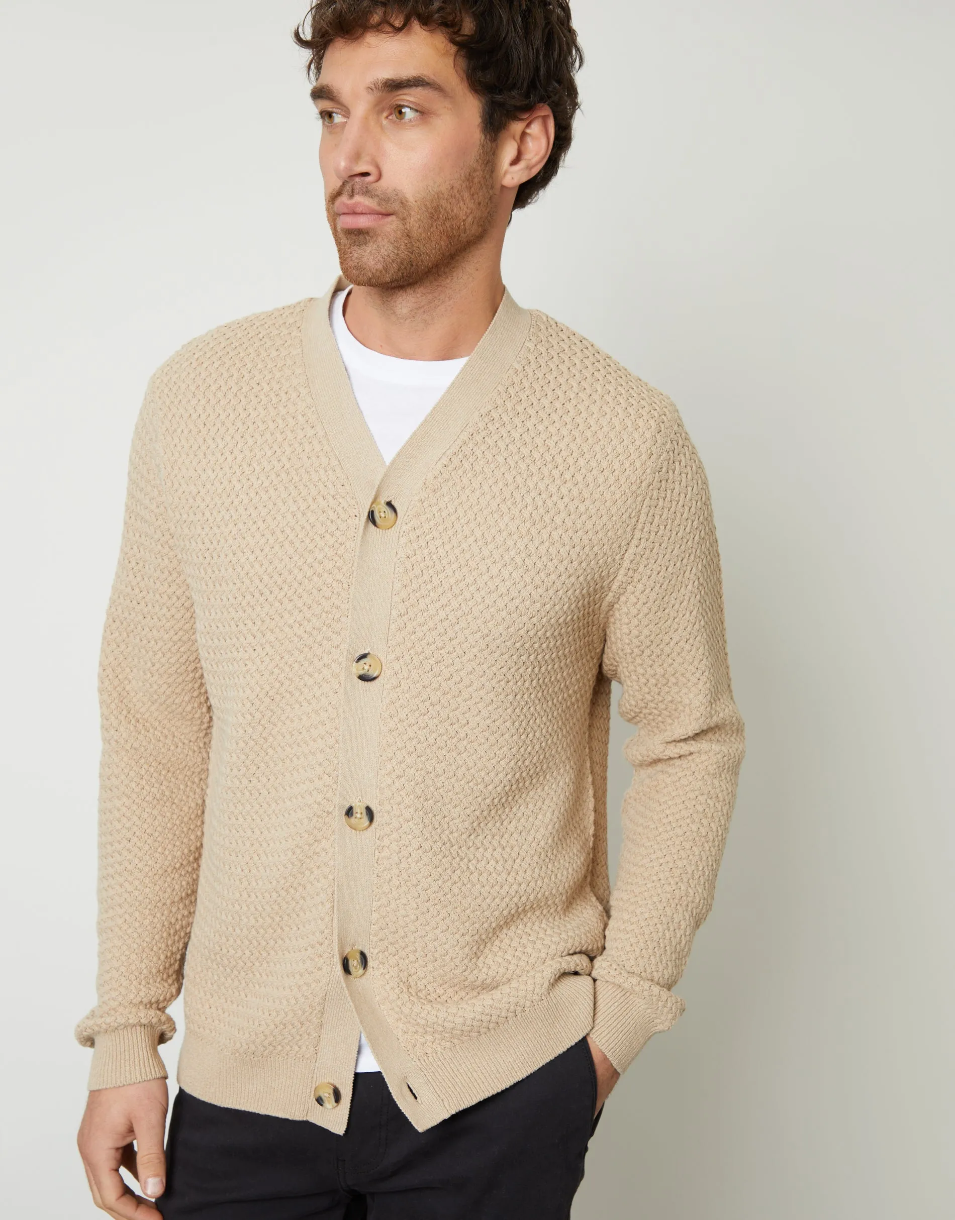 Men's Brown Basket Stitch Cardigan