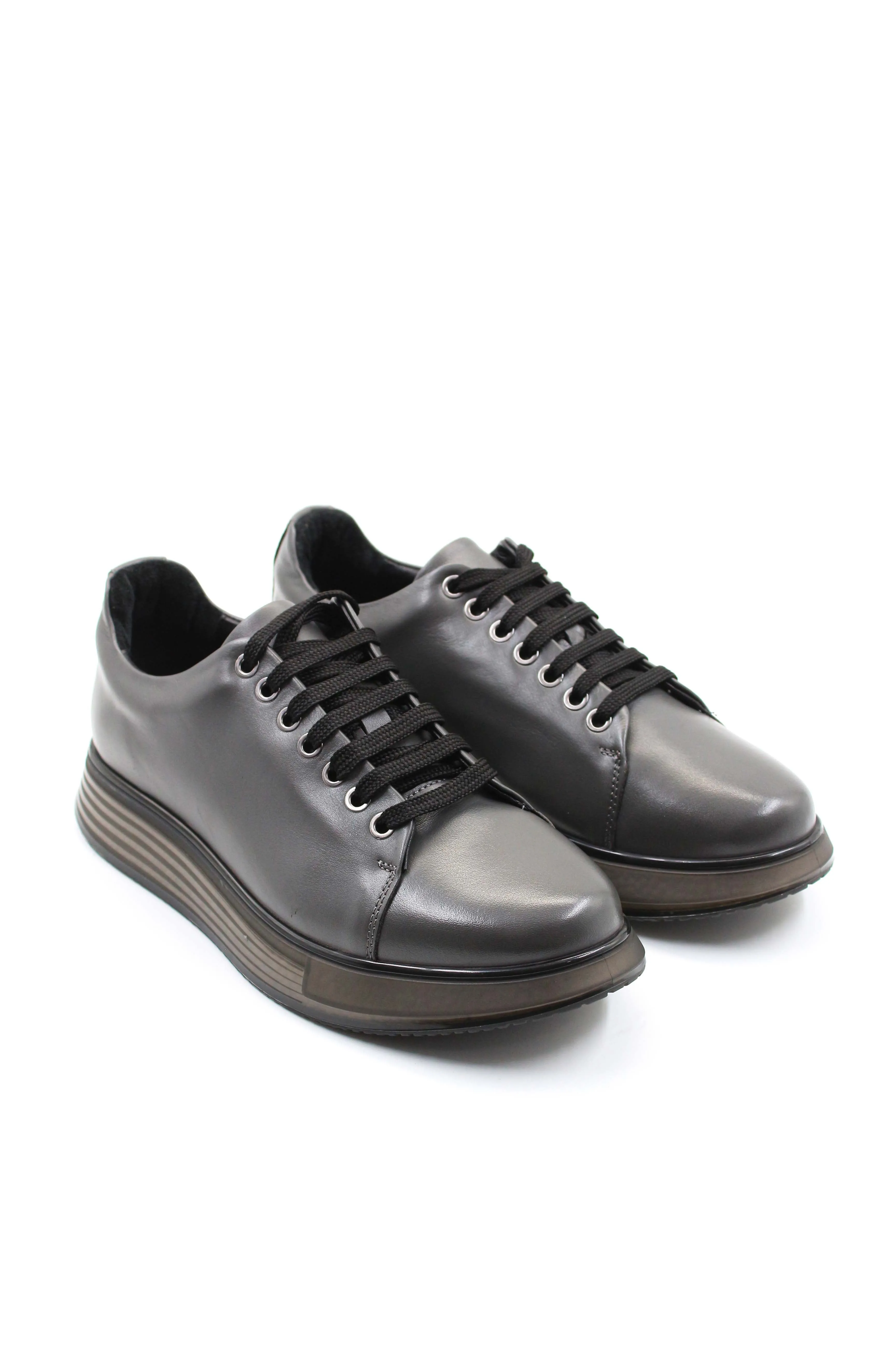 Men's Metallic Grey Leather Sneakers with Chunky Sole - Wessi