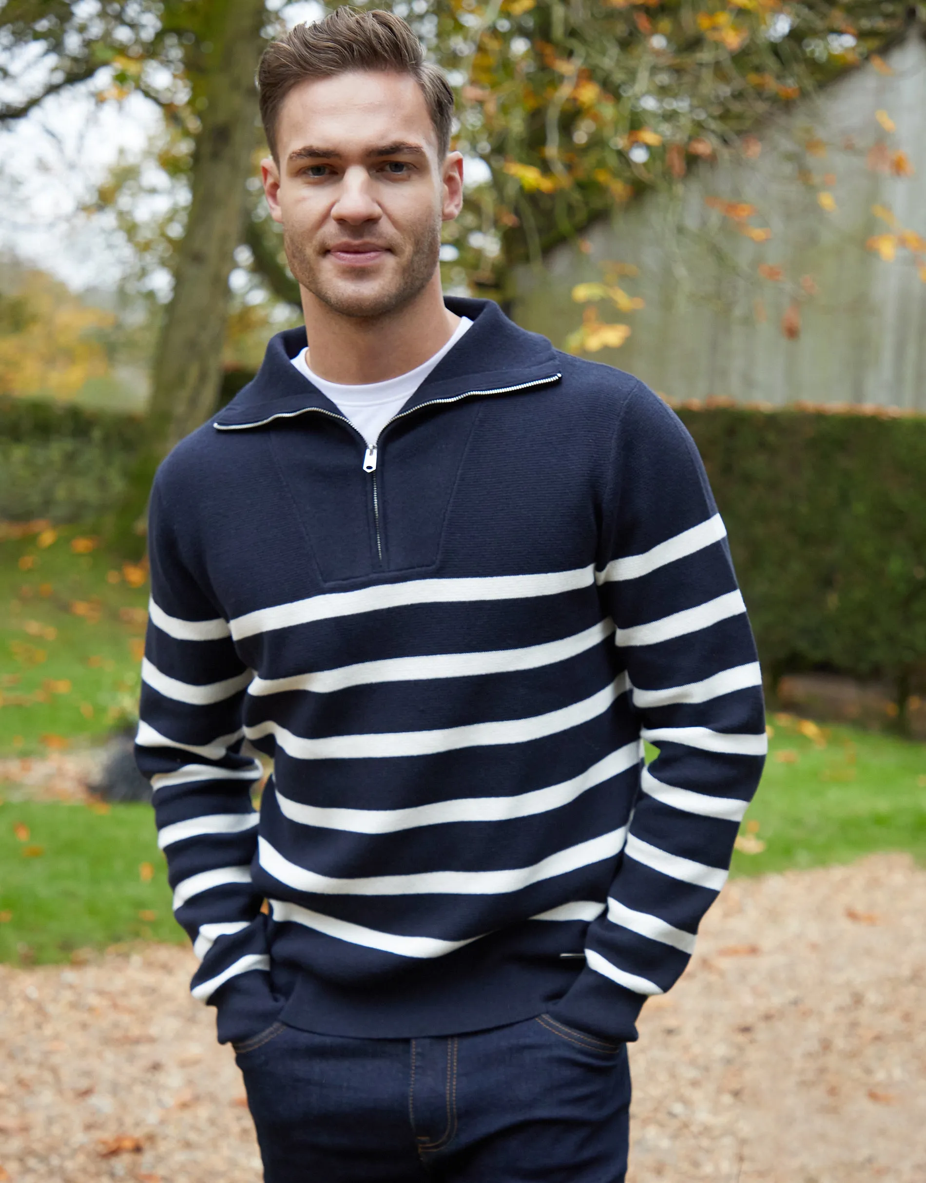 Men's Navy Striped Knitted Quarter Zip Jumper