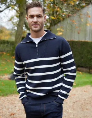 Men's Navy Striped Knitted Quarter Zip Jumper