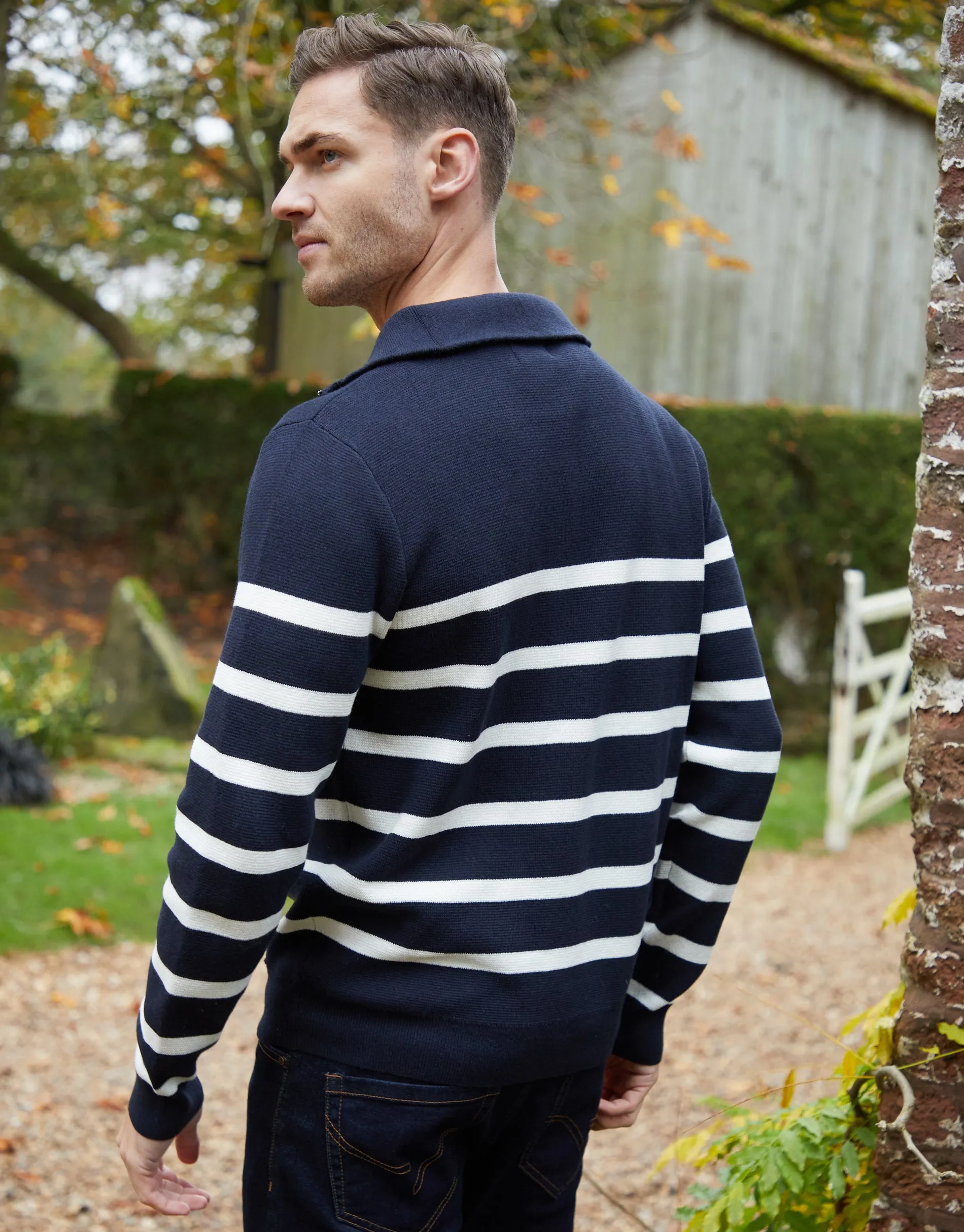 Men's Navy Striped Knitted Quarter Zip Jumper