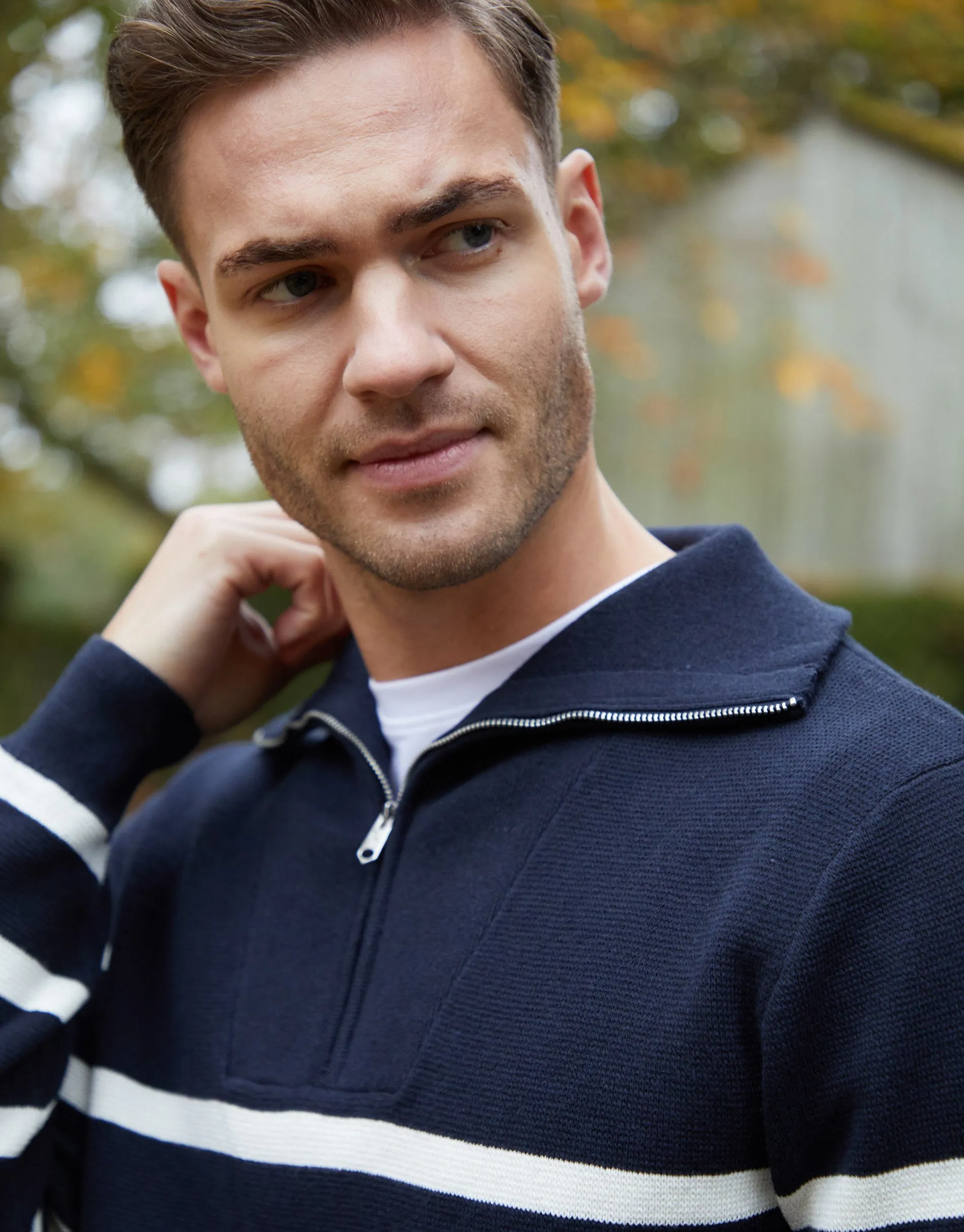 Men's Navy Striped Knitted Quarter Zip Jumper