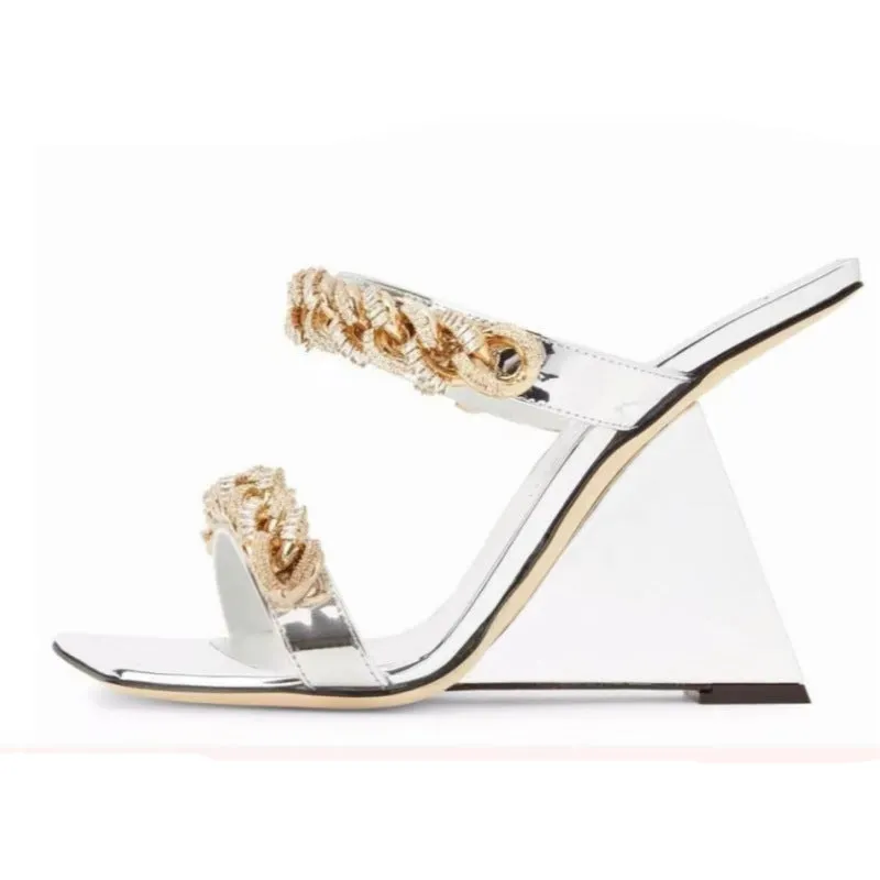 Metallic Chain Strap Open Toe Sexy Sandals