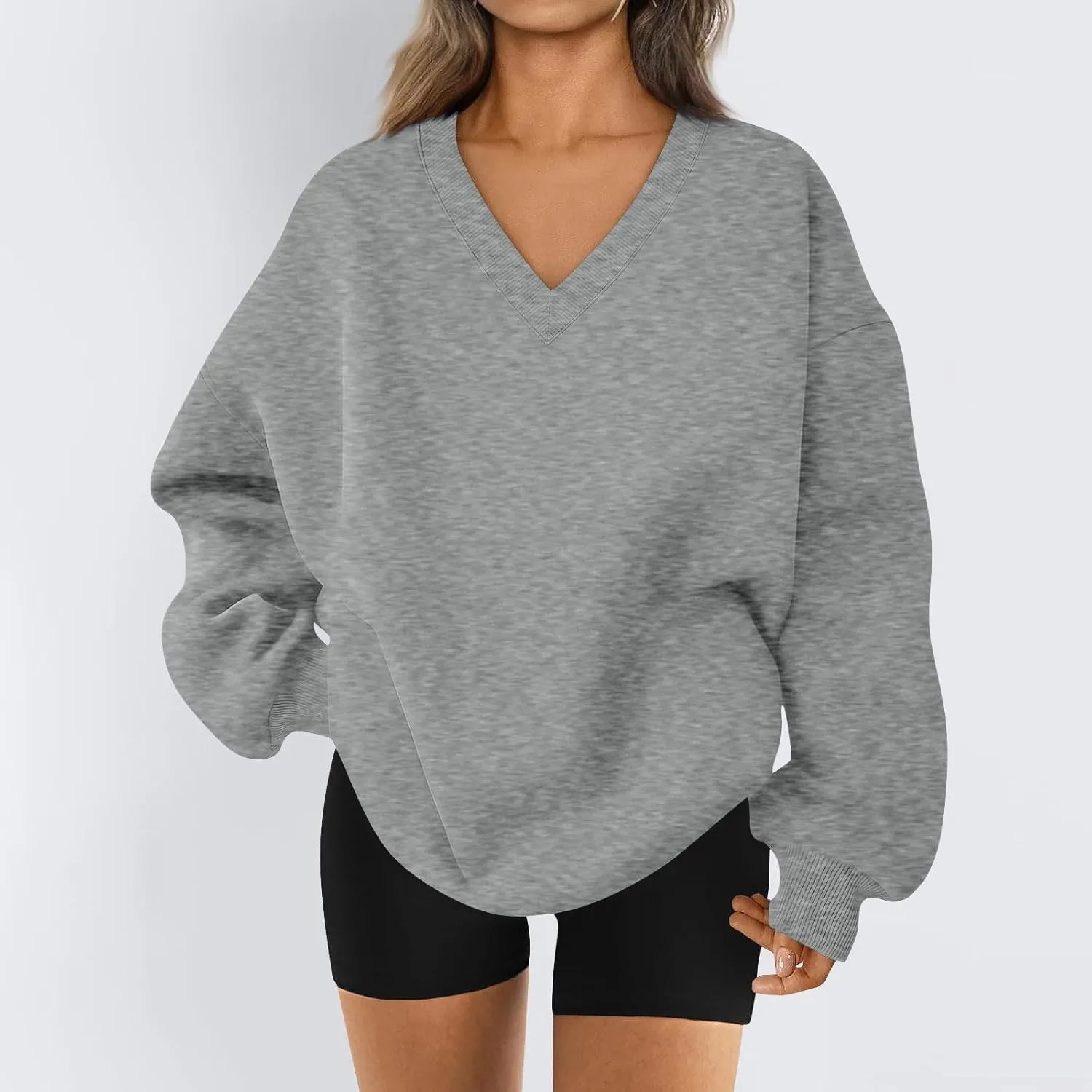 Oversized V Neck Sweatshirt Women Casual Fleece Pullover Sweaters Preppy Cute Teen Long Sleeve Sweat Shirts Y2k Tops