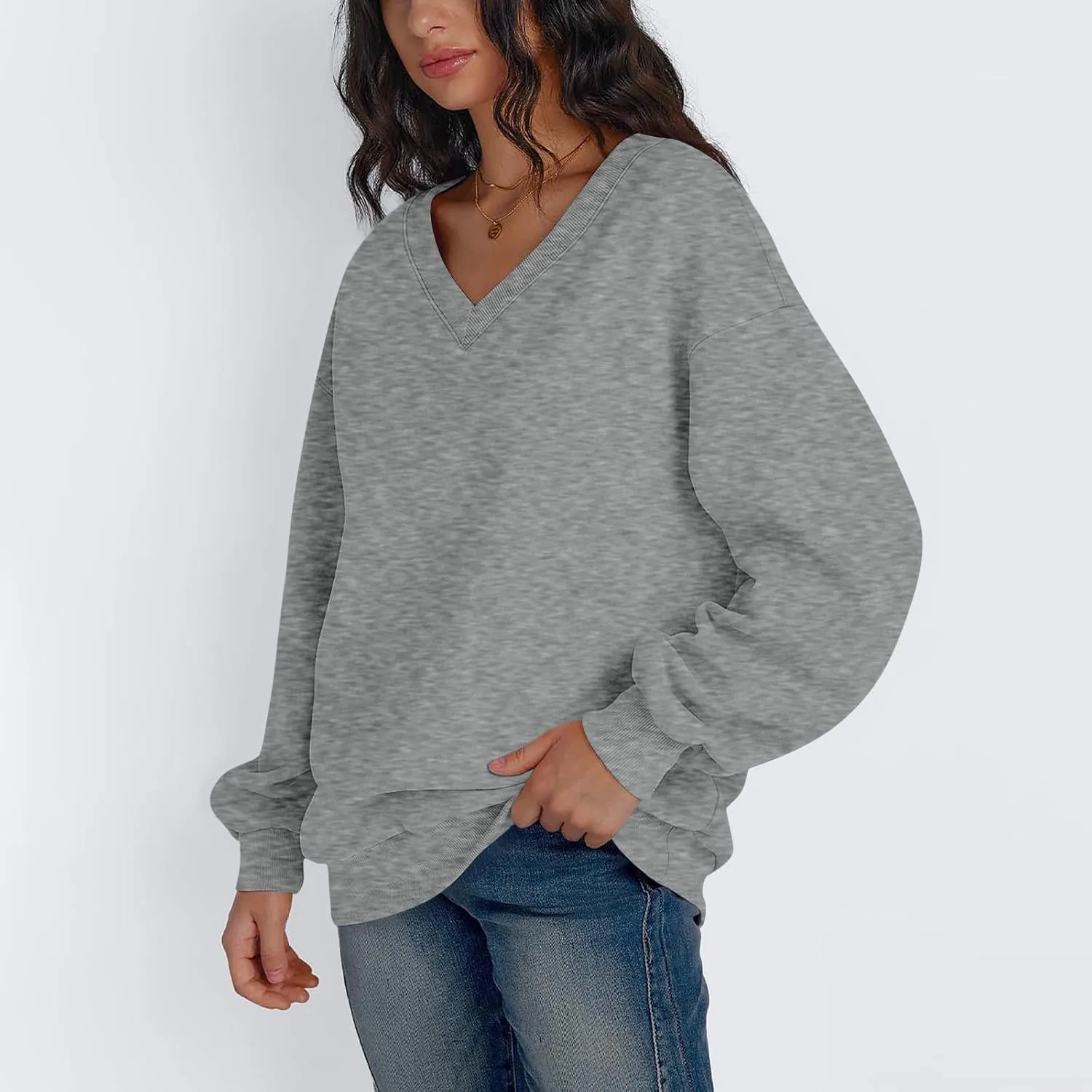Oversized V Neck Sweatshirt Women Casual Fleece Pullover Sweaters Preppy Cute Teen Long Sleeve Sweat Shirts Y2k Tops