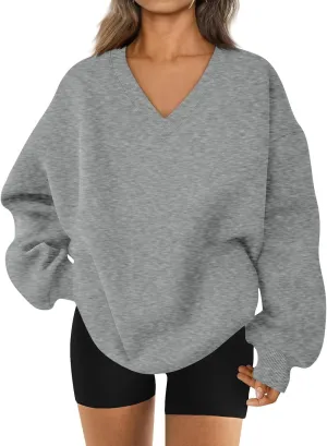 Oversized V Neck Sweatshirt Women Casual Fleece Pullover Sweaters Preppy Cute Teen Long Sleeve Sweat Shirts Y2k Tops