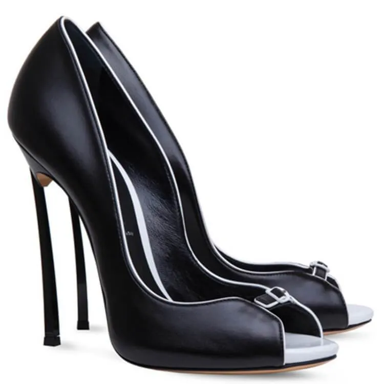 Peep-toe Leather Stiletto Heel Pumps