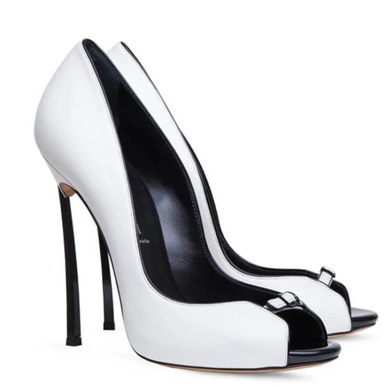 Peep-toe Leather Stiletto Heel Pumps