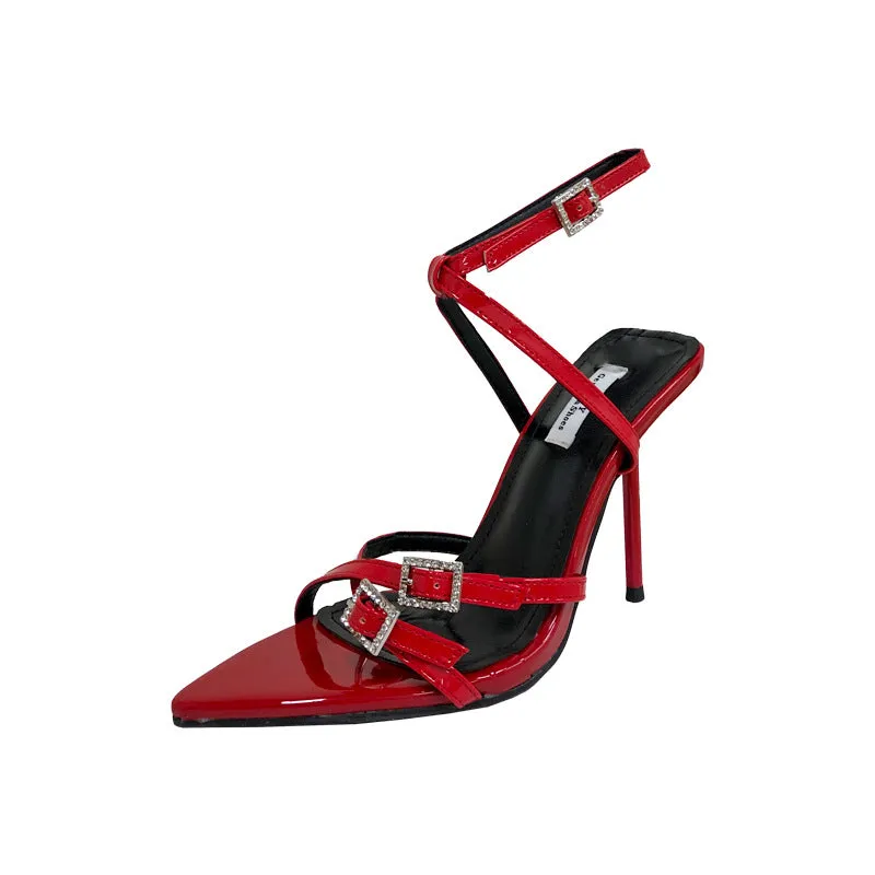 Pointed-toe Rhinestone Ankle Strap Stiletto Sandals