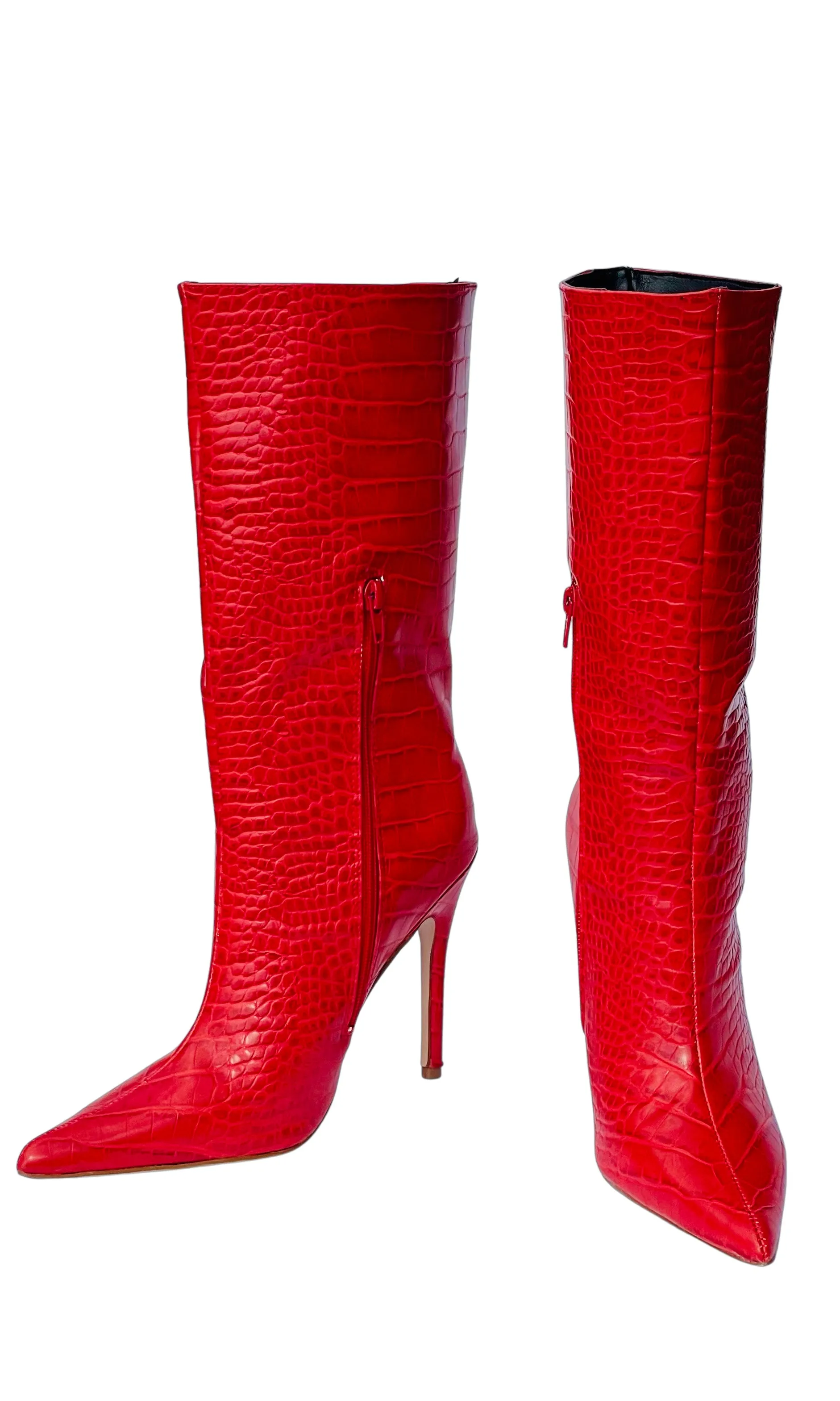 RENT Red Faux Croc Stiletto Boots