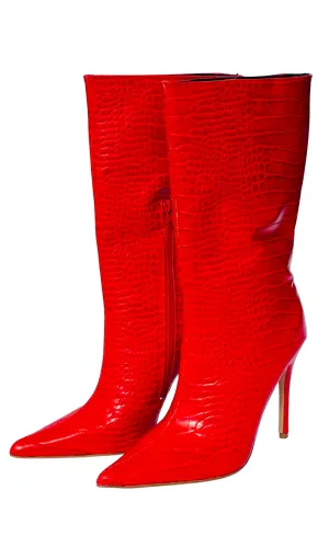 RENT Red Faux Croc Stiletto Boots