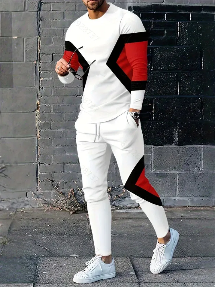 Spring And Fall Men's Long Sleeve Pant Sets Red And Blue Striped Printed Men's Set Everyday Fashion Men's Long Sleeve T-shirt