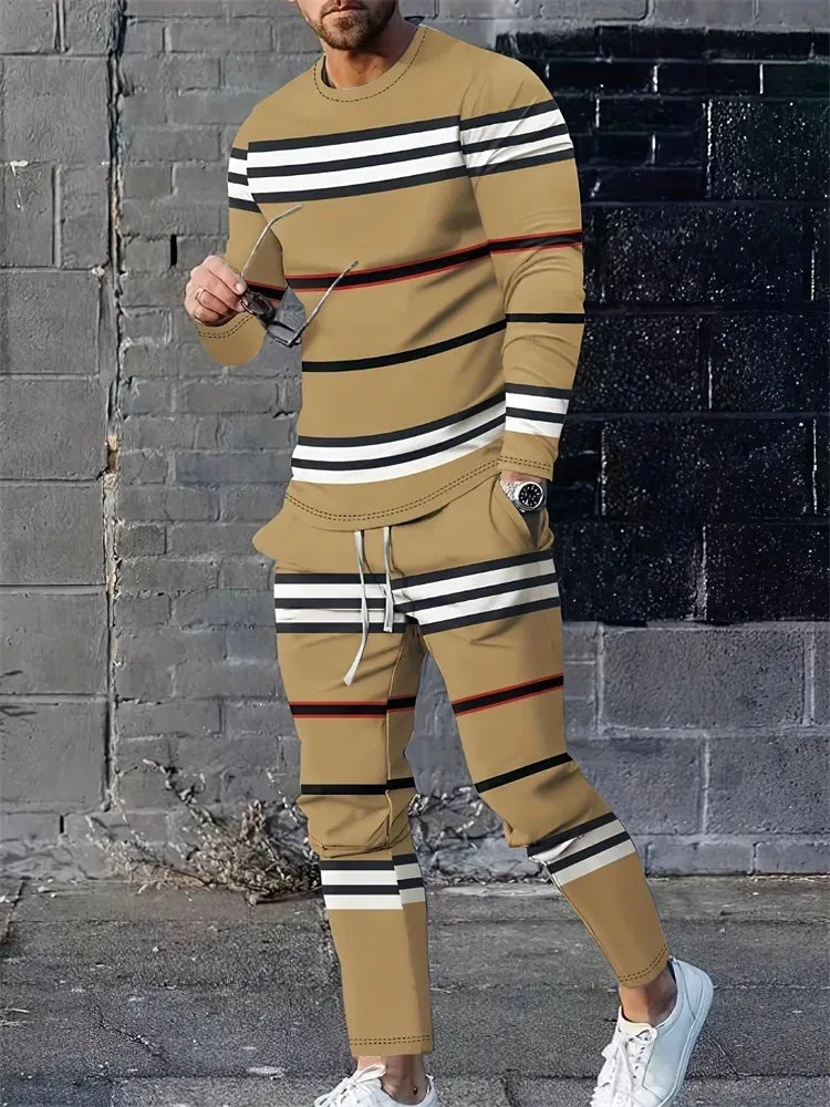 Spring And Fall Men's Long Sleeve Pant Sets Red And Blue Striped Printed Men's Set Everyday Fashion Men's Long Sleeve T-shirt