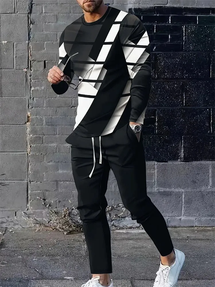 Spring And Fall Men's Long Sleeve Pant Sets Red And Blue Striped Printed Men's Set Everyday Fashion Men's Long Sleeve T-shirt