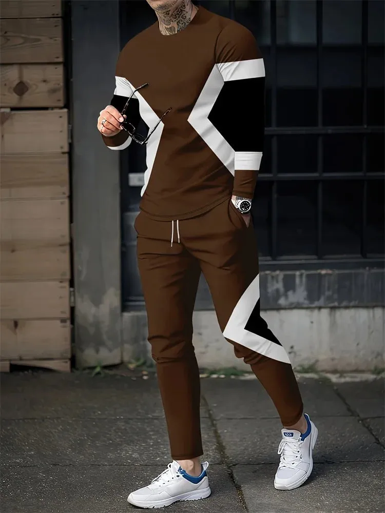 Spring And Fall Men's Long Sleeve Pant Sets Red And Blue Striped Printed Men's Set Everyday Fashion Men's Long Sleeve T-shirt