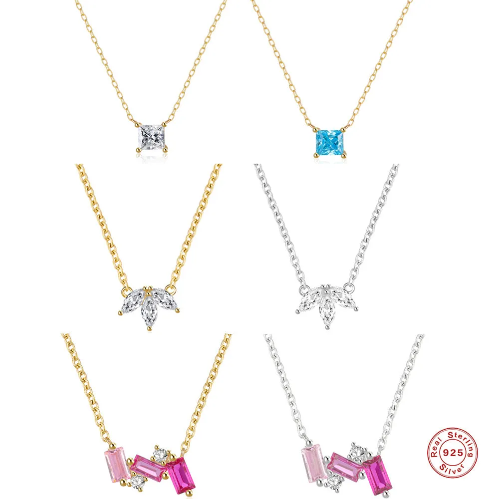 Square Silver Inlay Zircon Necklace