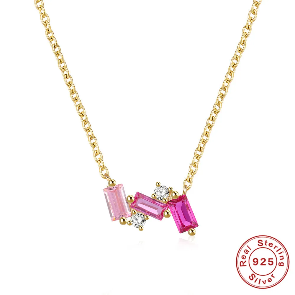 Square Silver Inlay Zircon Necklace
