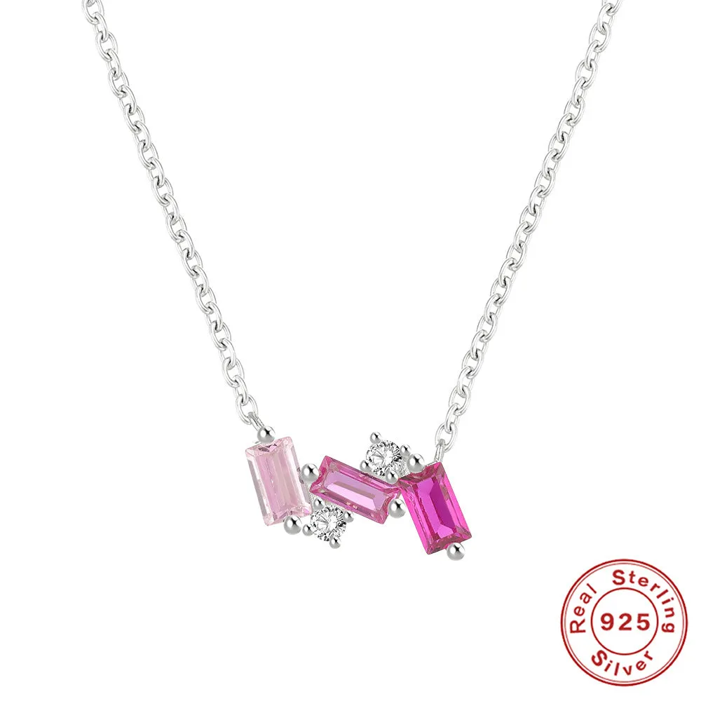 Square Silver Inlay Zircon Necklace
