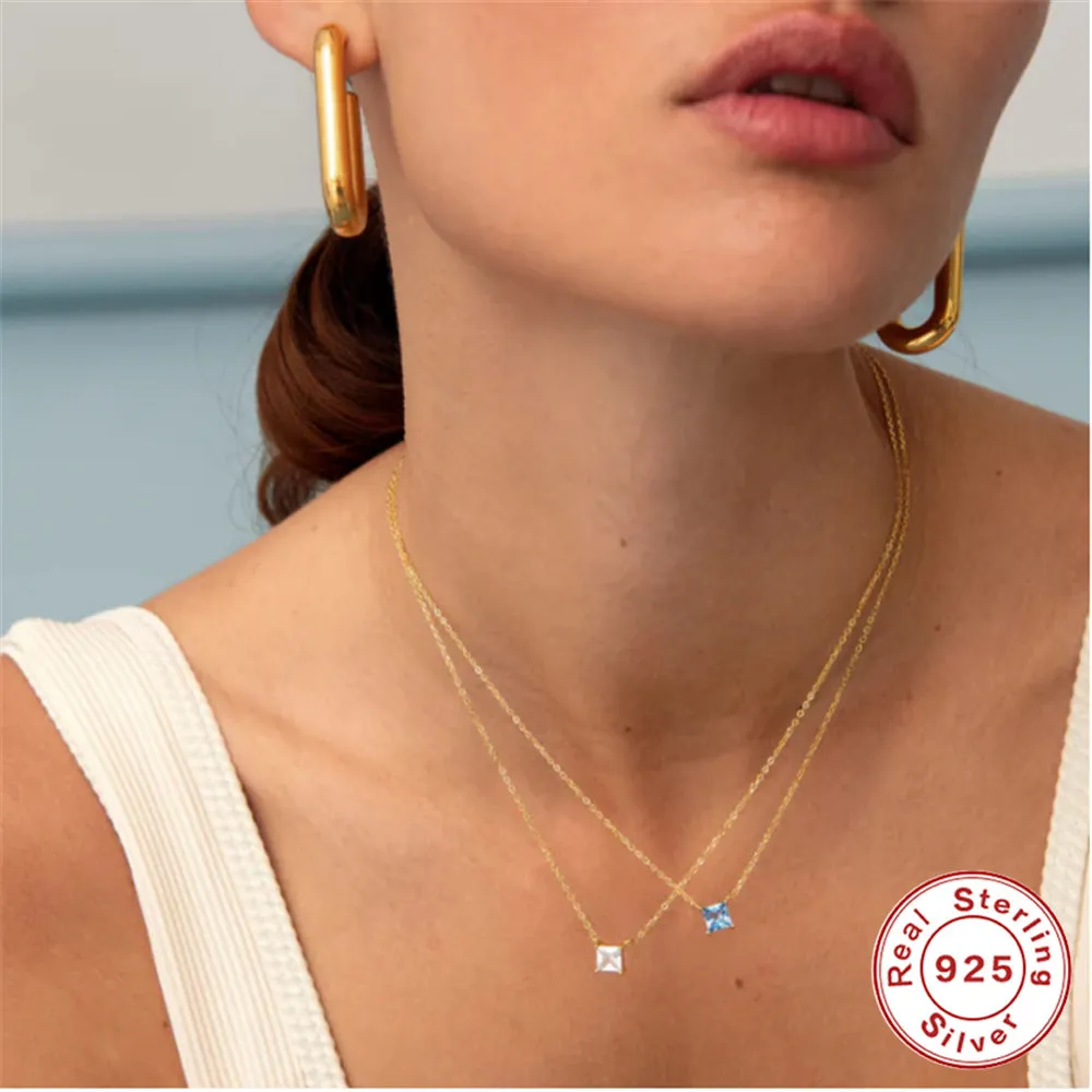 Square Silver Inlay Zircon Necklace