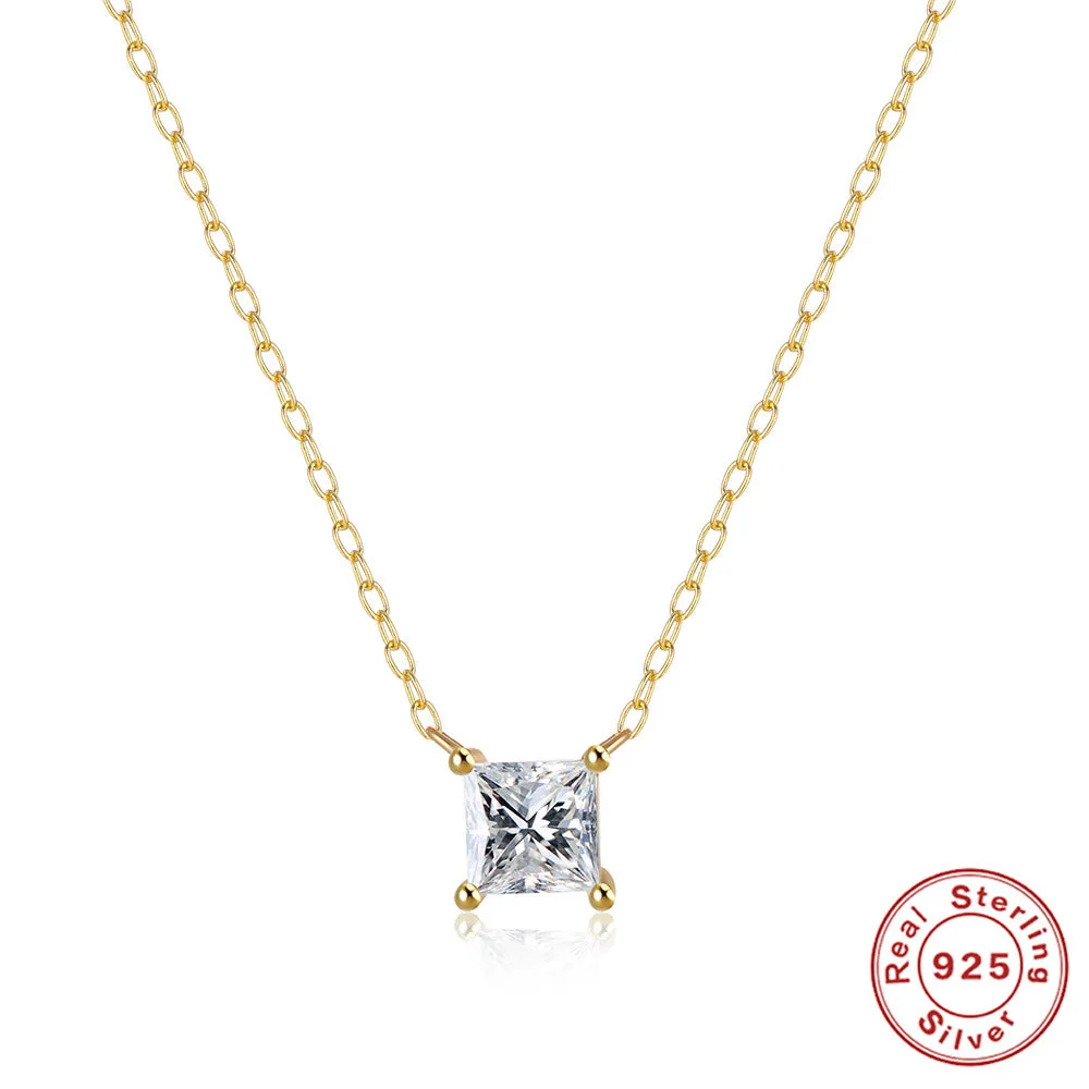 Square Silver Inlay Zircon Necklace