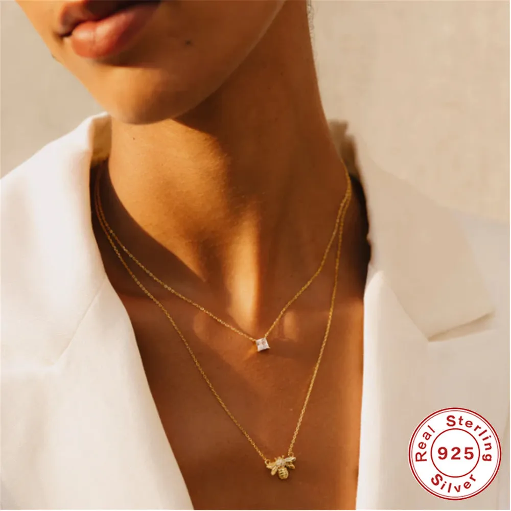Square Silver Inlay Zircon Necklace