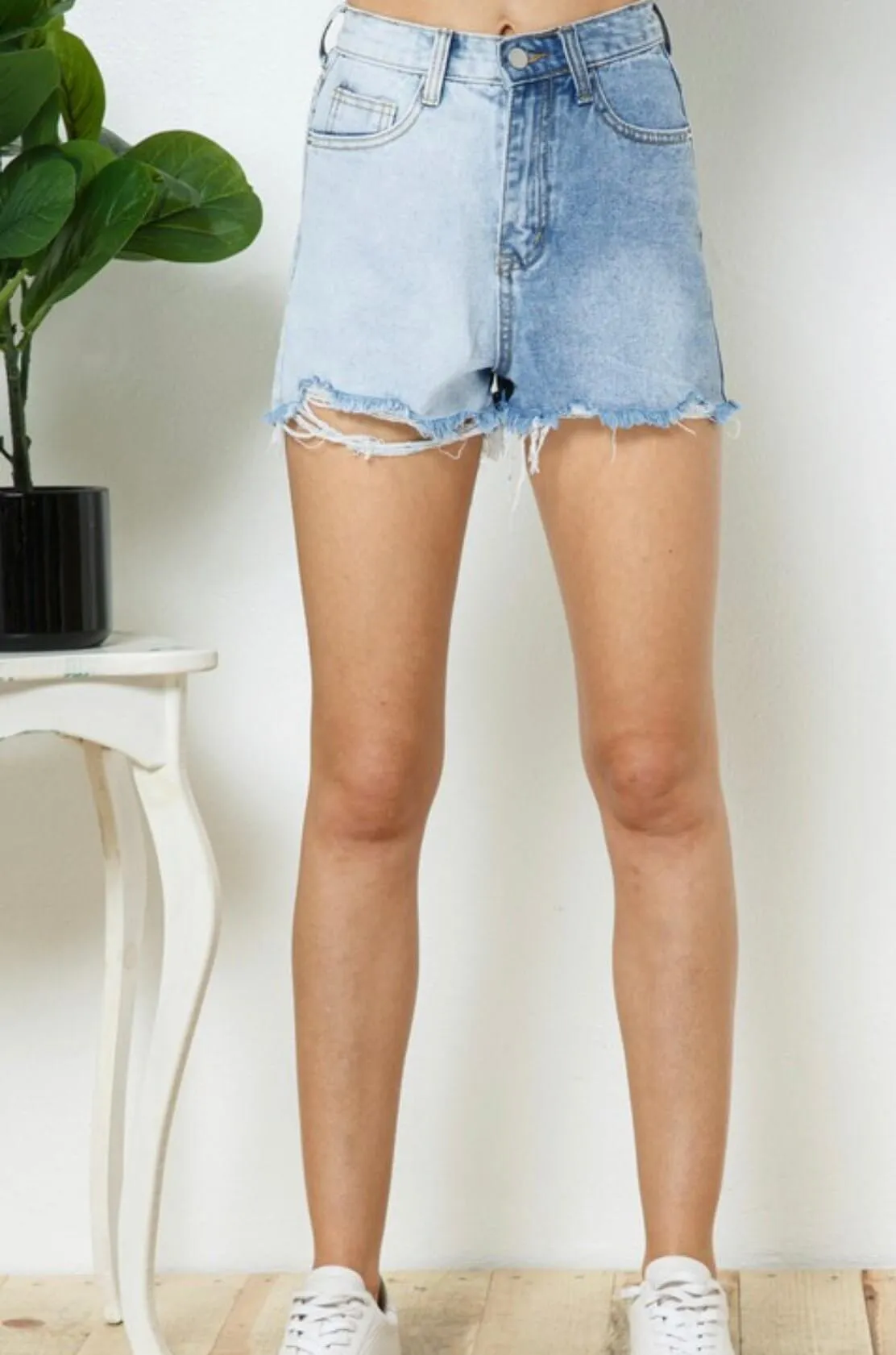 The Dakota Shorts: Two Tone High Waisted  Denim Shorts