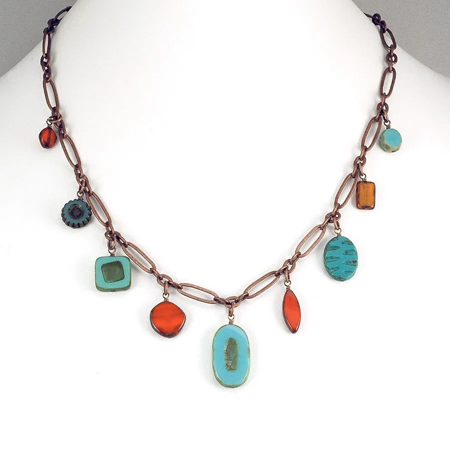 Turquoise and Orange Czech Glass and Antique Copper Necklace