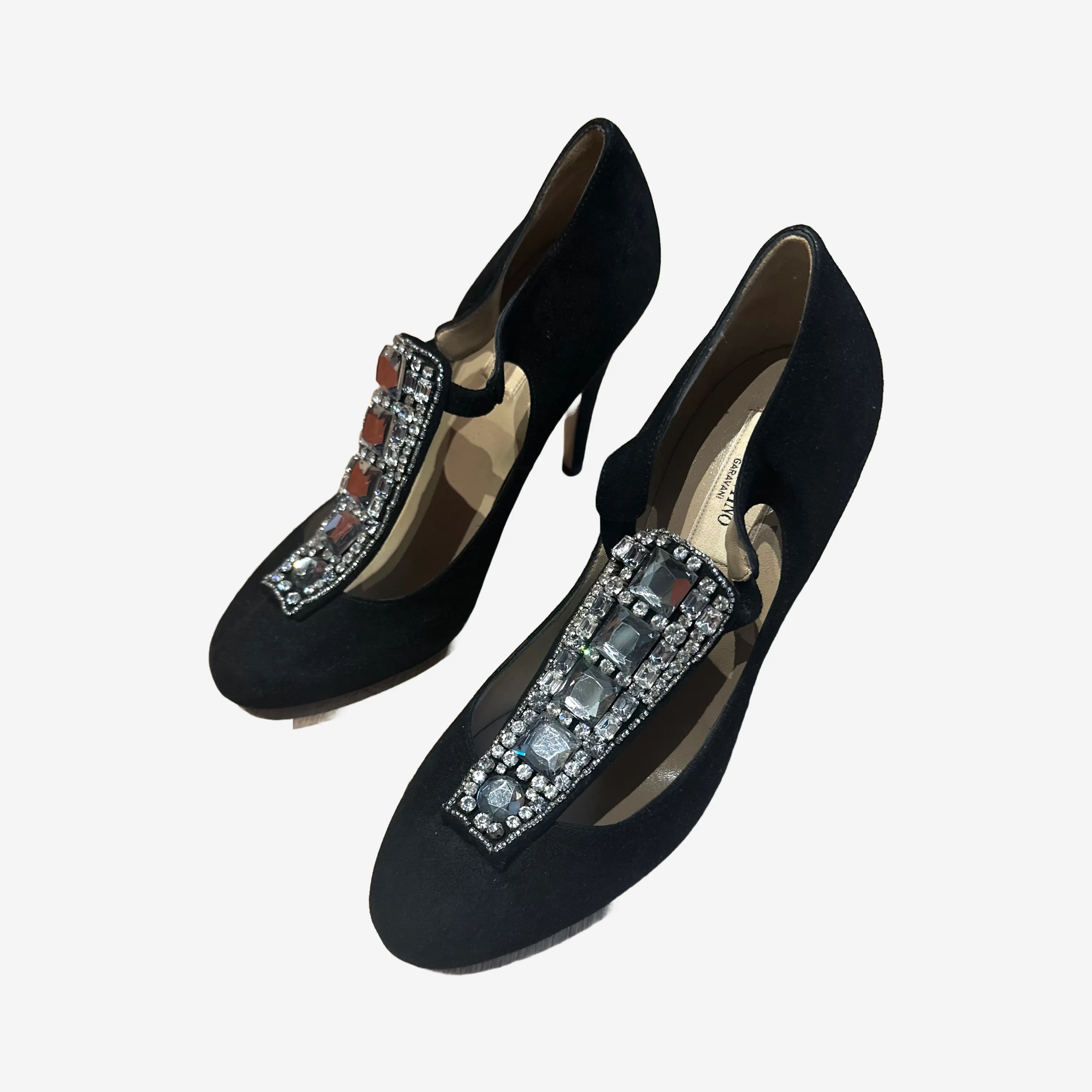 VALENTINO- PUMPS BLACK SUEDE WITH SILVER RHINESTONE EMBELLISHMENT SIZE 37,5 EU