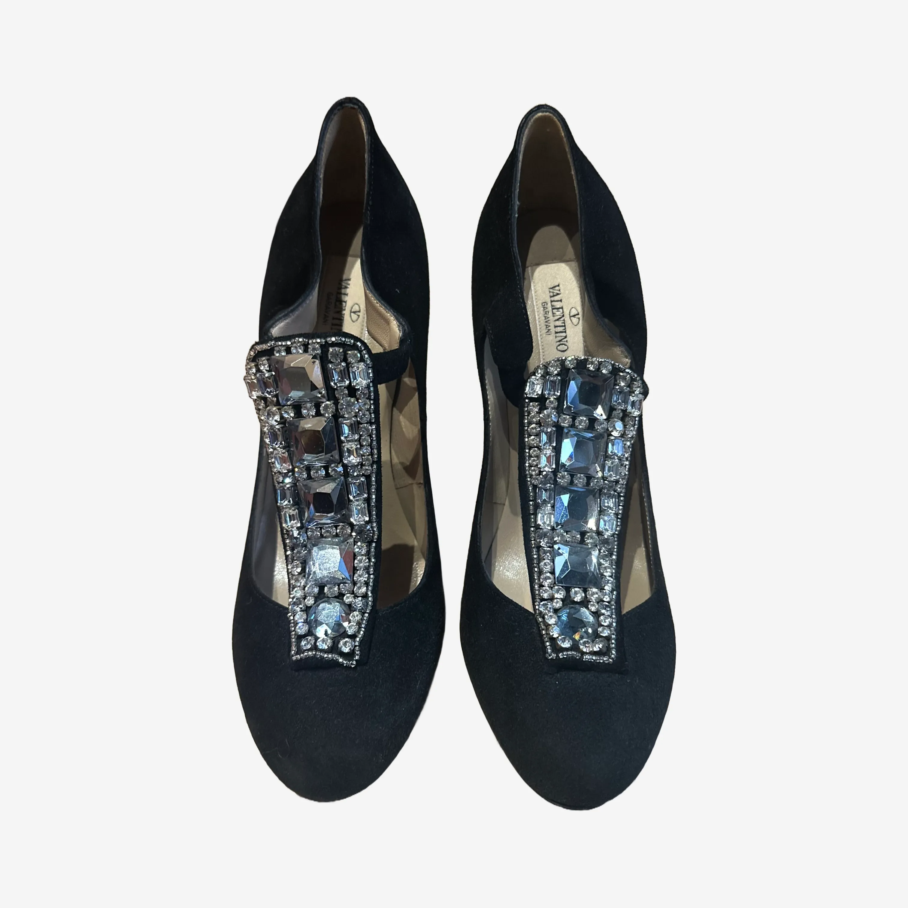 VALENTINO- PUMPS BLACK SUEDE WITH SILVER RHINESTONE EMBELLISHMENT SIZE 37,5 EU