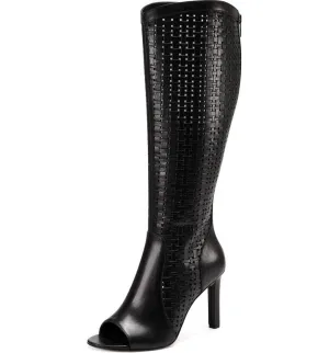 Vince Camuto Shelrica Black Open Peep Toe Woven Shaft Knee High Open Toe Boot