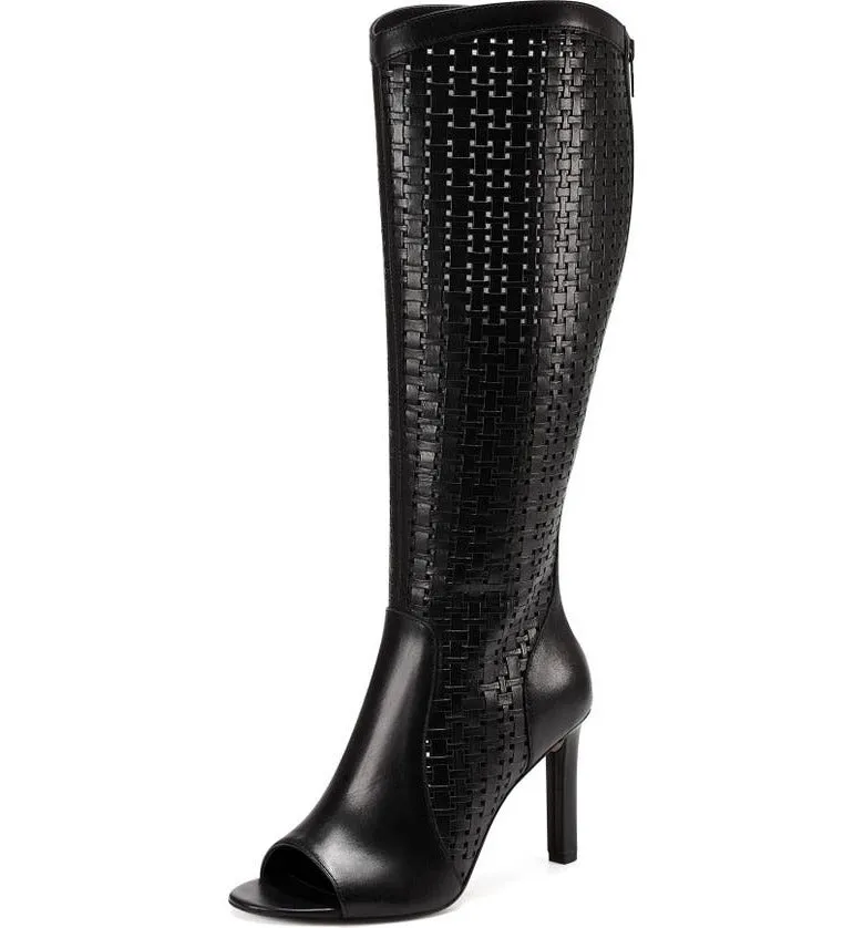 Vince Camuto Shelrica Black Open Peep Toe Woven Shaft Knee High Open Toe Boot