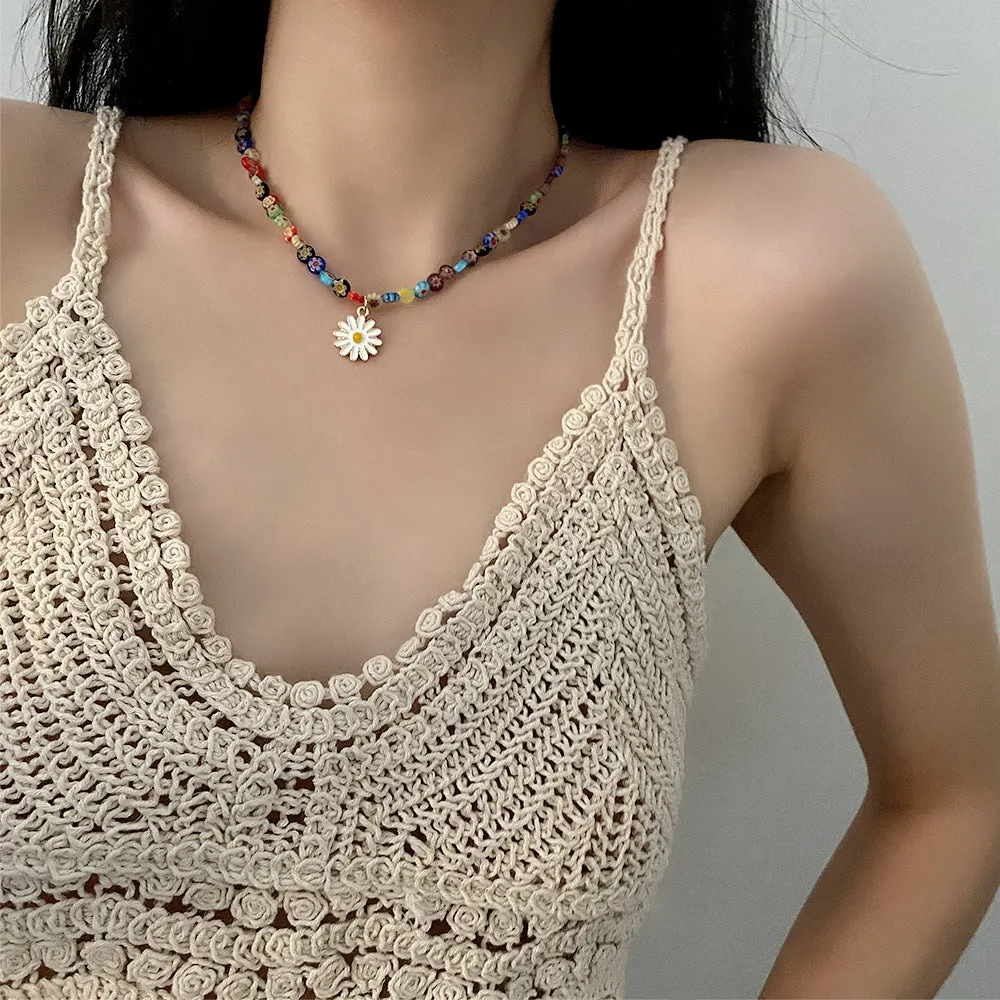 Wholesale Colorful Glass Bead Sunflower Pendant  Necklaces