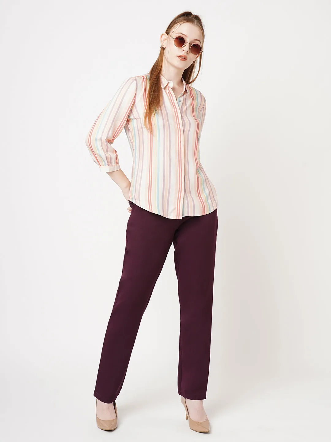 Women Wine Mid-Rise Slim Fit Trouser