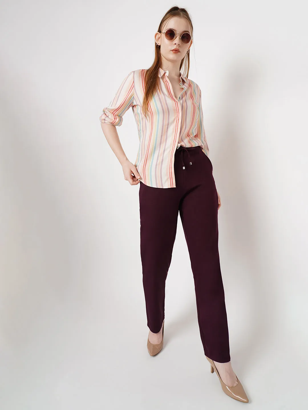 Women Wine Mid-Rise Slim Fit Trouser