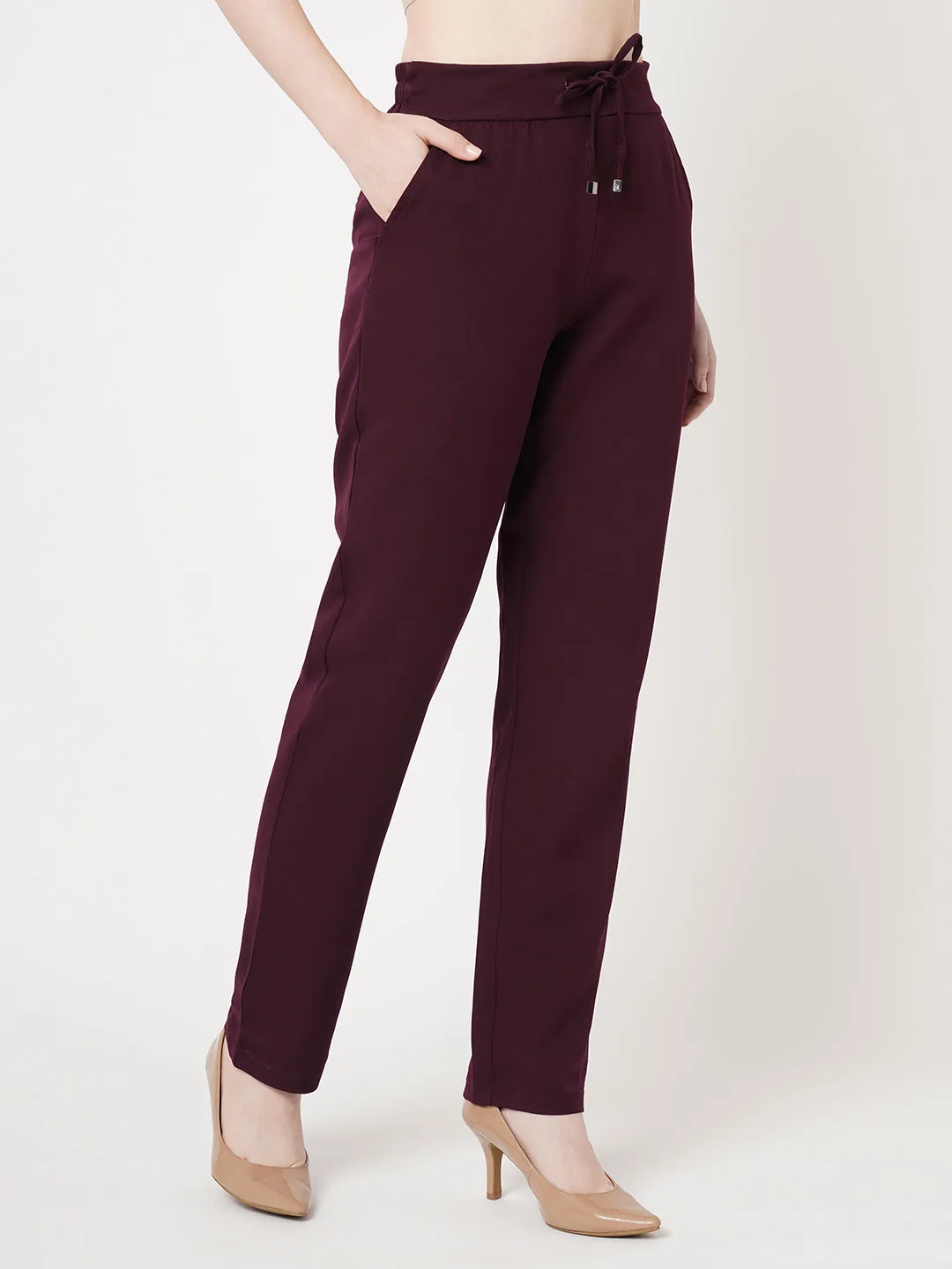 Women Wine Mid-Rise Slim Fit Trouser